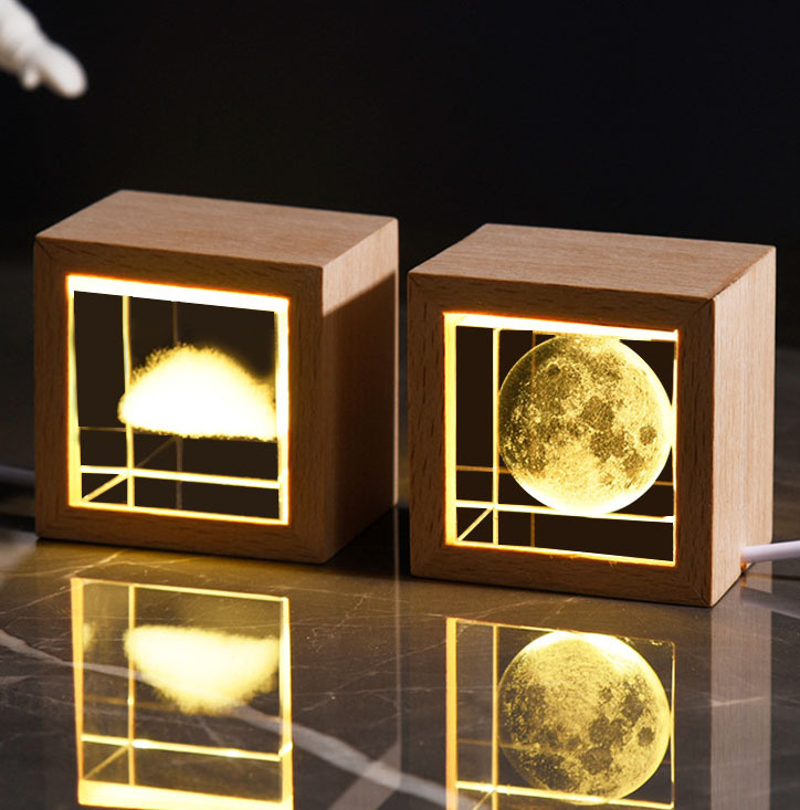 2024 New Night Light Laser Moon Milky Way Crystal Block Cube Paperweight with Wooden Light Base MH-F0600