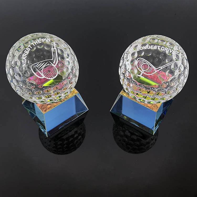 Slanted Crystal Golf Ball Paperweight with rainbow Base MH-Q0246