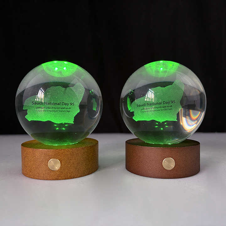 Custom Crystal Ball 3D Laser Night Light with Touch Switch Wooden Led Light Base MH-Q0279