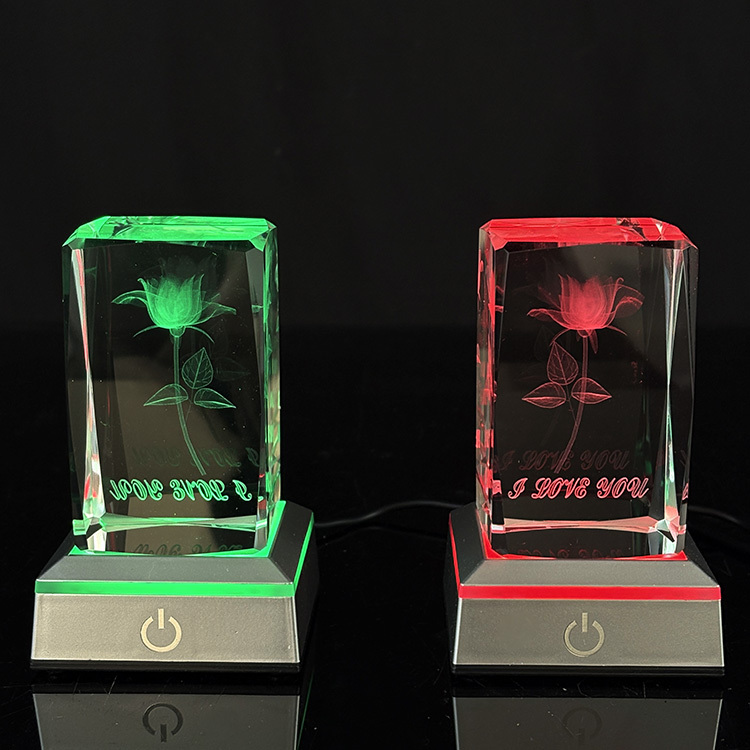 Laser Rose Rectangle Crystal Paperweight with Light Base MH-F0653