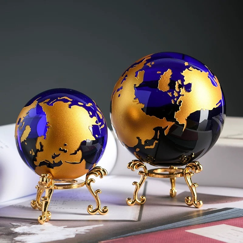 Gold Silver Bronze Continent Blue Glass Crystal Glass Globe with Gold Metal Stand MH-Q0266