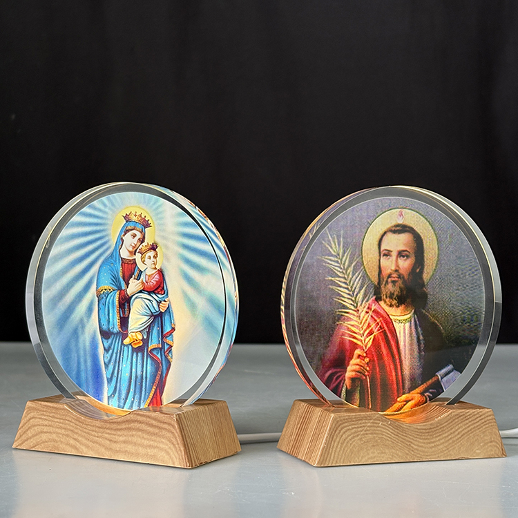 Customized Catholicism Round Crystal Wooden Custom Mini LED Night Light Base Stand MH-F0690