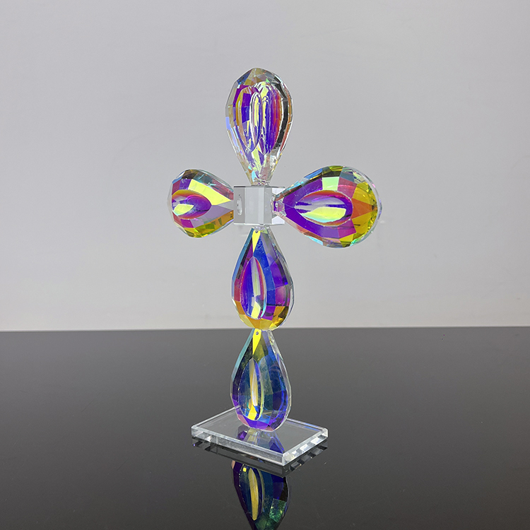 13.5x19cm Rainbow Coating Crystal Glass Standing Cross MH-15555