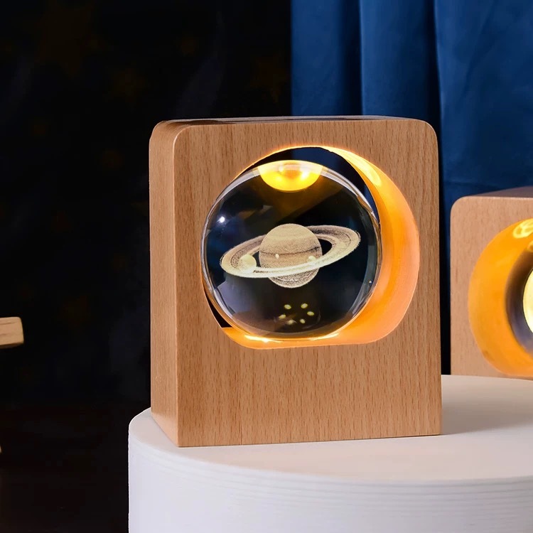 Light up Crystal Ball Laser Milky Way Moon Souvenir with Wood Led Light Base MH-Q0284