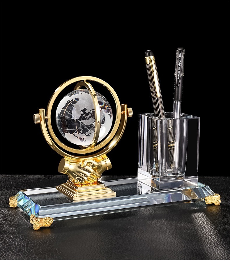 Gold Silver Bronze Metal Globe Anniversary Gift Crystal Pen Holder Set for Table Decoration MH-B0386