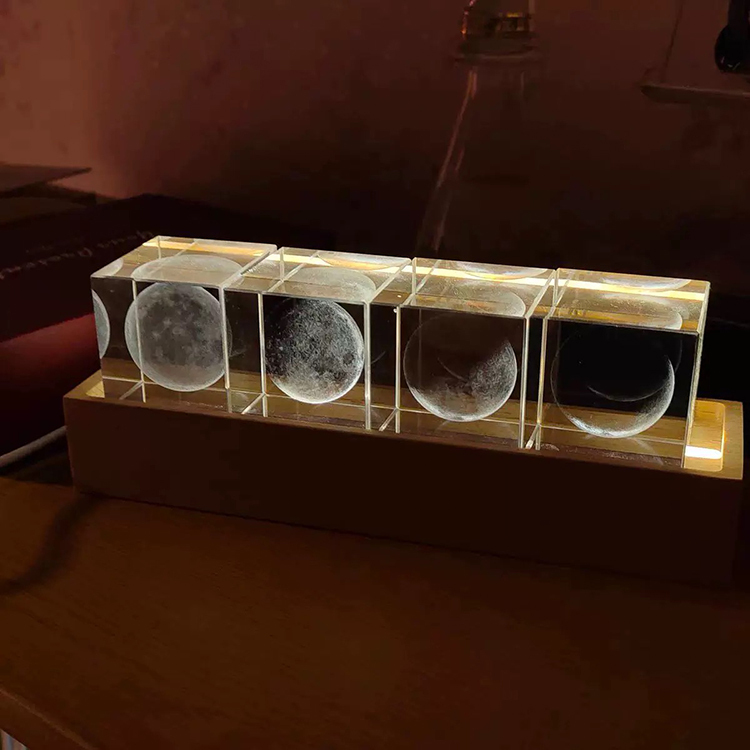 4pcs in a Set New Night Light Laser Moon Cube Paperweight with Wooden Light Base MH-F0617