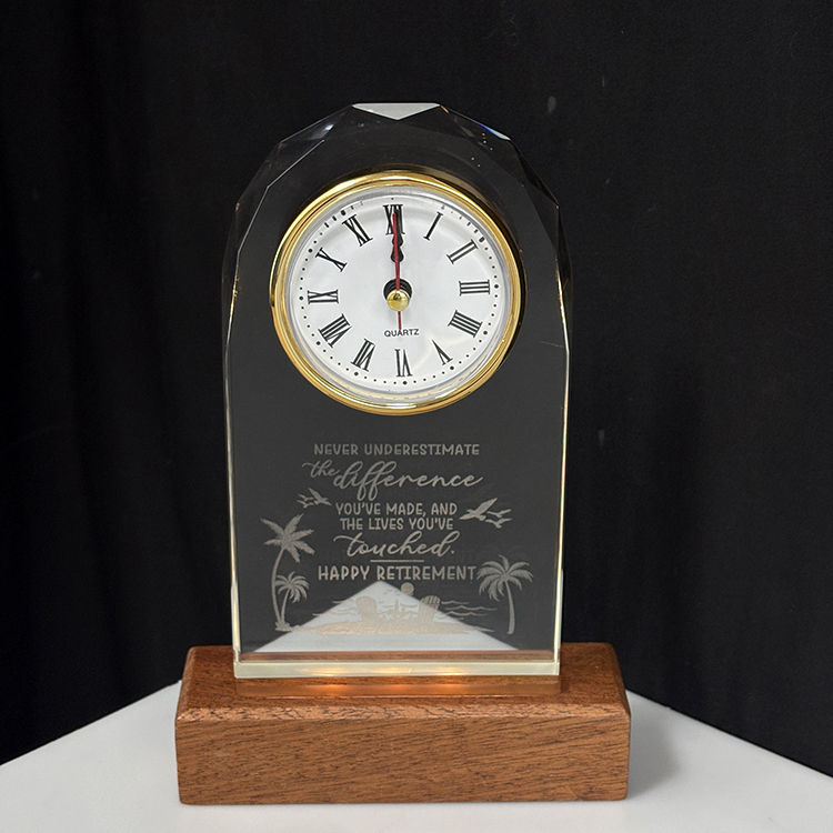 Optical Glass Arch Shaped Crystal Desk Clock with Wooden Light Base MH-C0221