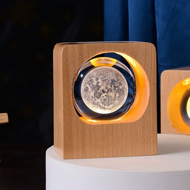 Light up Crystal Ball Laser Milky Way Moon Souvenir with Wood Led Light Base MH-Q0284