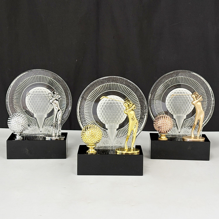 Gold Silver Bronze Metal Golfer Clear Glass Crystal Golf Ball Sports Trophy with Black Base MH-LJ0348