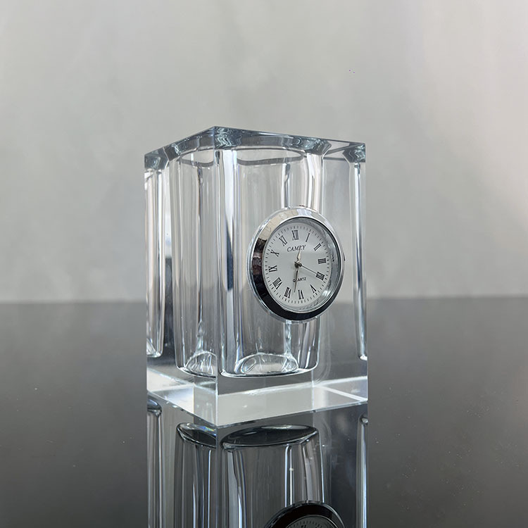 Clear Crystal Glass Pen Holder with Clock MH-B0333