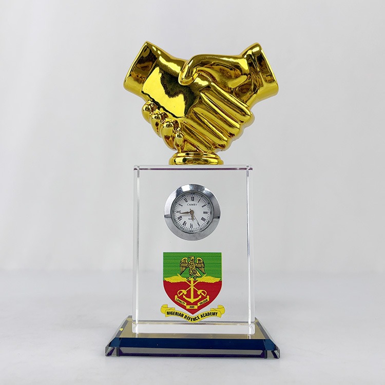 Gold Resin Handshake Rectangle Glass Crystal Desk Clock MH-C0213