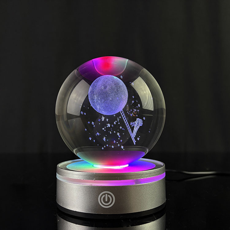 Light up Crystal Laser Milky Way Saturn Ball with Rotating Silver Plastic Led Light Base MH-Q0273