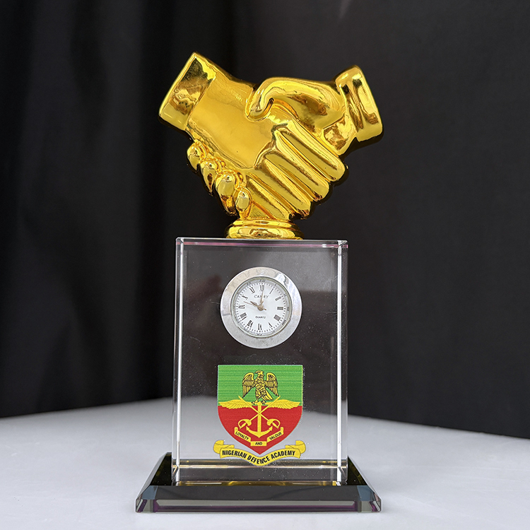 Gold Resin Handshake Rectangle Glass Crystal Desk Clock MH-C0213