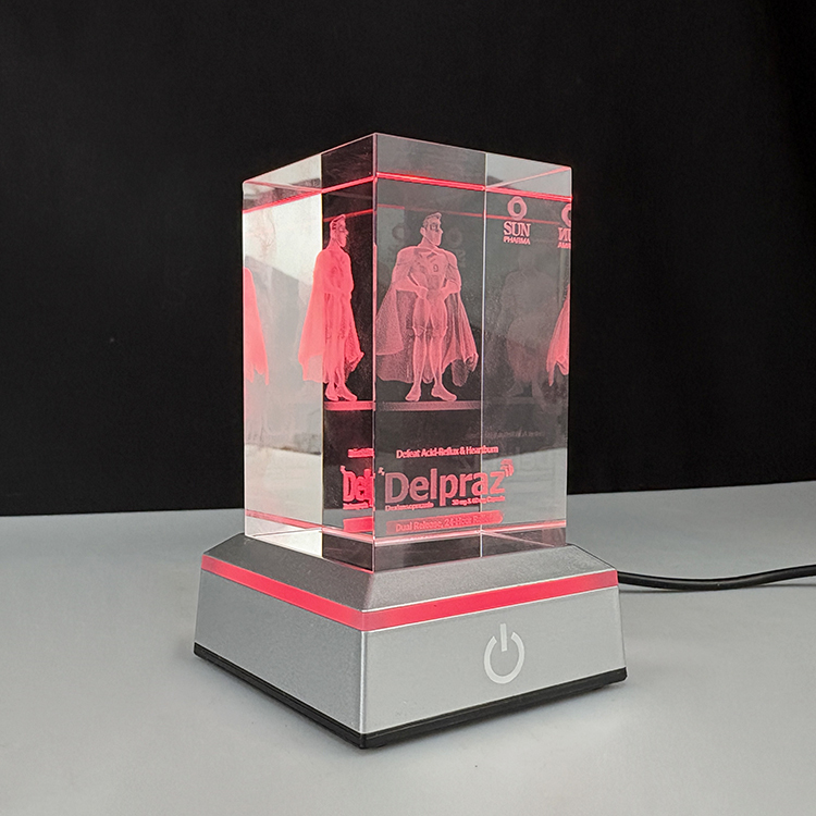 Laser Crystal Block Cube Paperweight with Sensitive Touch Switch Led Light Base MH-F0692