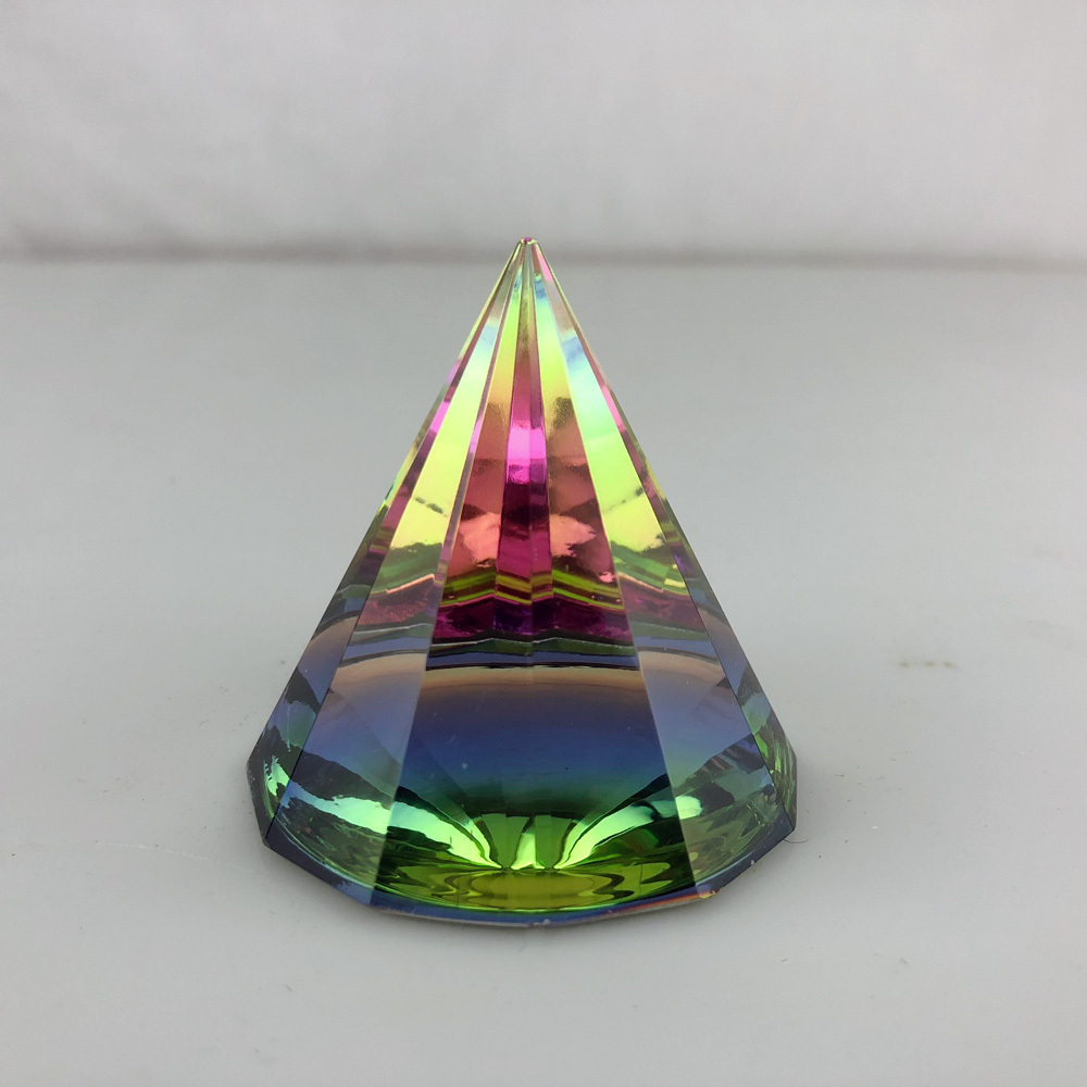 Crystal Rainbow Faceted Cone with Dome Pyramid Paperweight MH-F0577