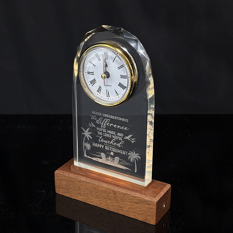Optical Glass Arch Shaped Crystal Desk Clock with Wooden Light Base MH-C0221
