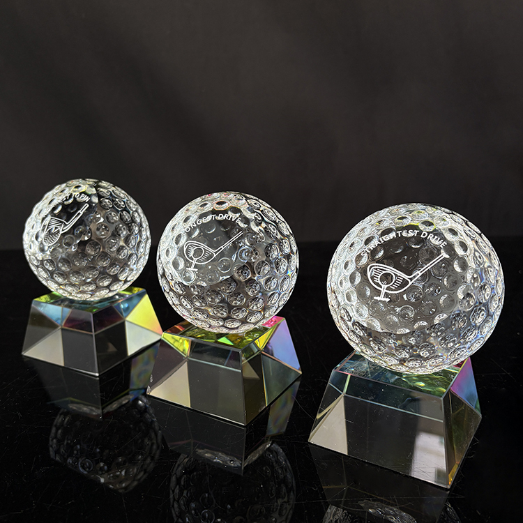 Slanted Crystal Golf Ball Paperweight with rainbow Base MH-Q0246