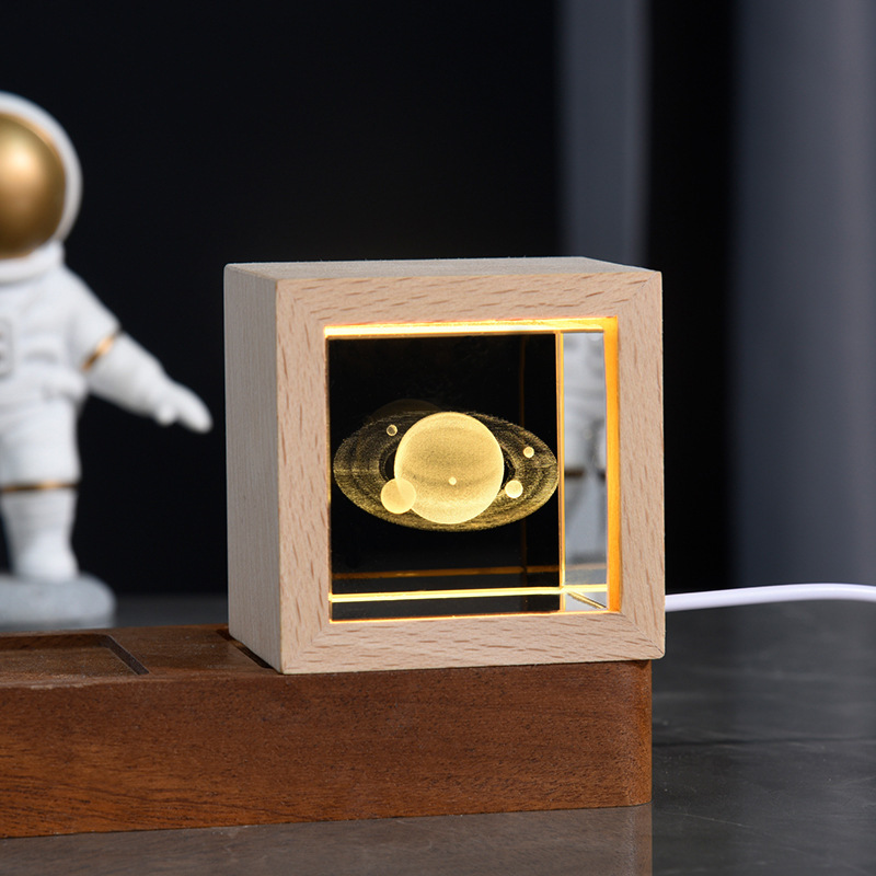 2024 New Night Light Laser Moon Milky Way Crystal Block Cube Paperweight with Wooden Light Base MH-F0600