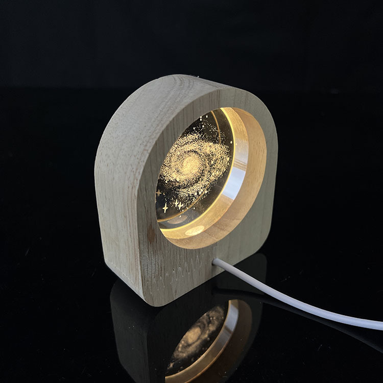 2024 New Night Light Laser Moon Milky Way Crystal Circle Paperweight with Wooden Light Base MH-F0599