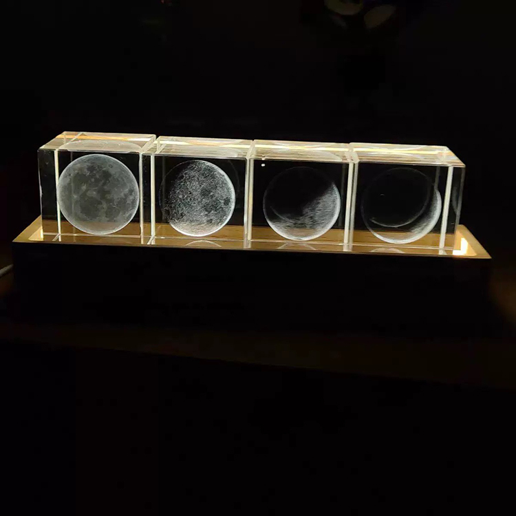 4pcs in a Set New Night Light Laser Moon Cube Paperweight with Wooden Light Base MH-F0617