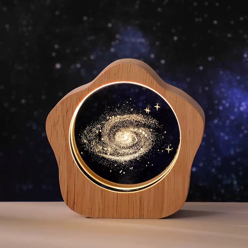 Flower Shape Wooden Custom Mini LED Night Light Base Stand 3D Solar System Milkyway Laser Crystal Gift Night Light MH-F0627
