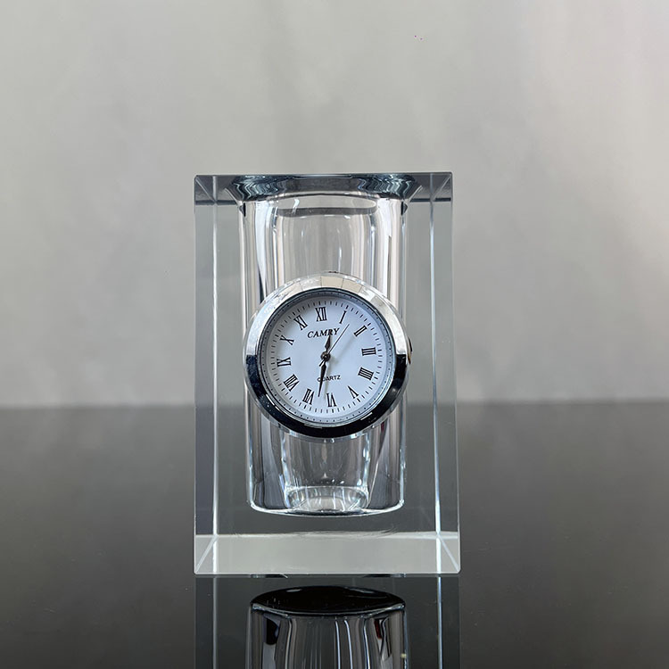 Clear Crystal Glass Pen Holder with Clock MH-B0333