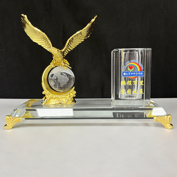 Gold  Metal Eagle with Globe Desktop Gift Crystal Pen Holder Set for Table Decoration MH-B0400