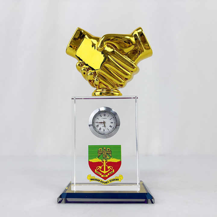 Gold Resin Handshake Rectangle Glass Crystal Desk Clock MH-C0213