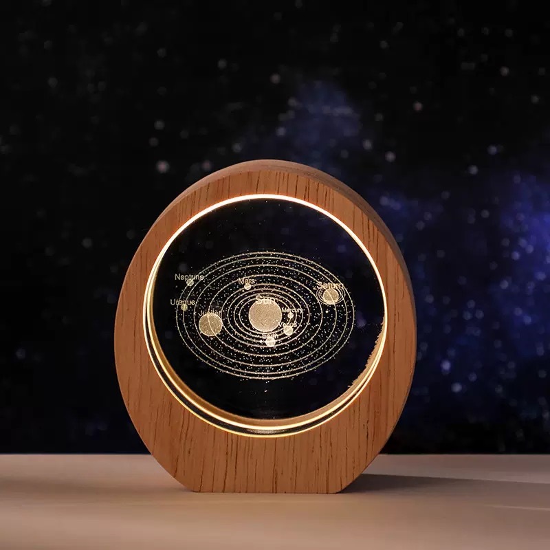 Oval Shape Wooden Custom Mini LED Night Light Base Stand 3D Solar System Milkyway Laser Crystal Gift Night Light MH-F0629