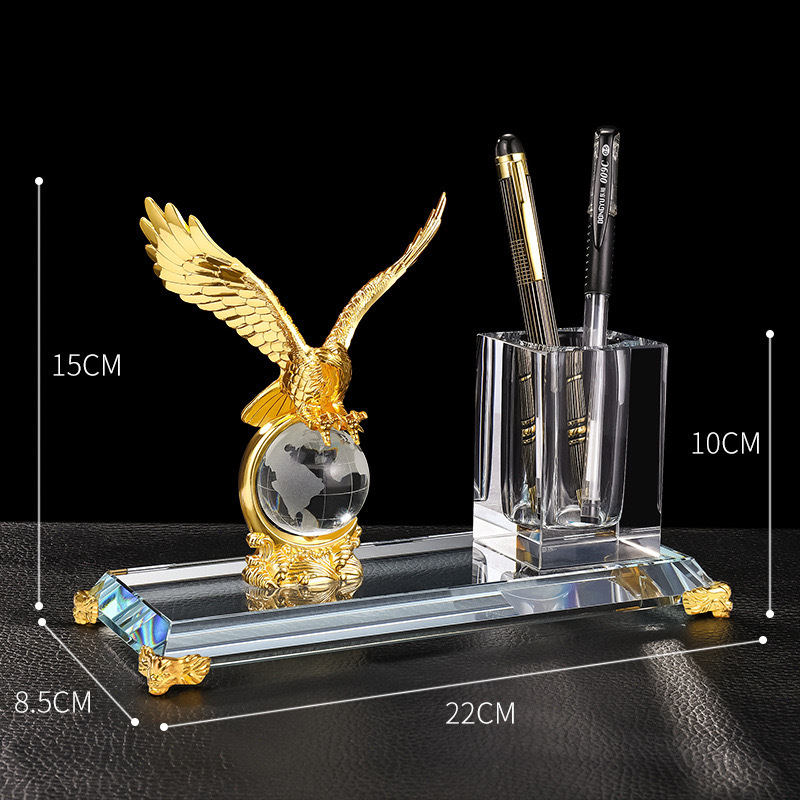 Gold Silver Bronze Metal Eagle with Globe Desktop Gift Crystal Pen Holder Set for Table Decoration MH-B0385
