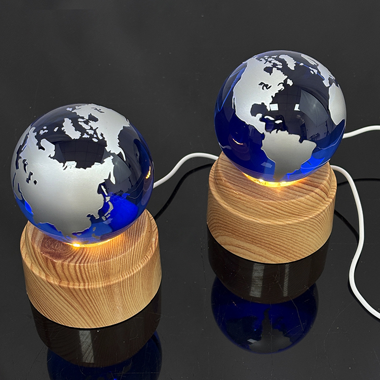Light up Crystal Blue Globe Ball with Rotating Wooden Led Light Base MH-Q0282
