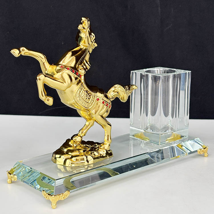 Gold Metal Horse Gift Crystal Pen Holder Set for Table Decoration MH-B0405