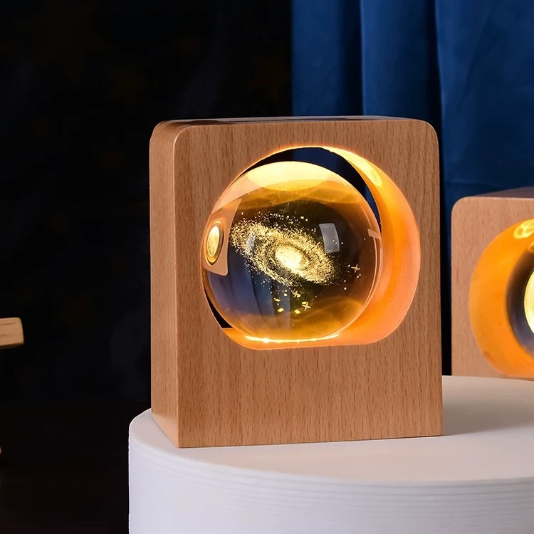 Light up Crystal Ball Laser Milky Way Moon Souvenir with Wood Led Light Base MH-Q0284
