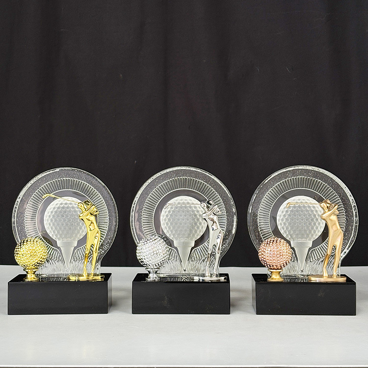 Gold Silver Bronze Metal Golfer Clear Glass Crystal Golf Ball Sports Trophy with Black Base MH-LJ0348