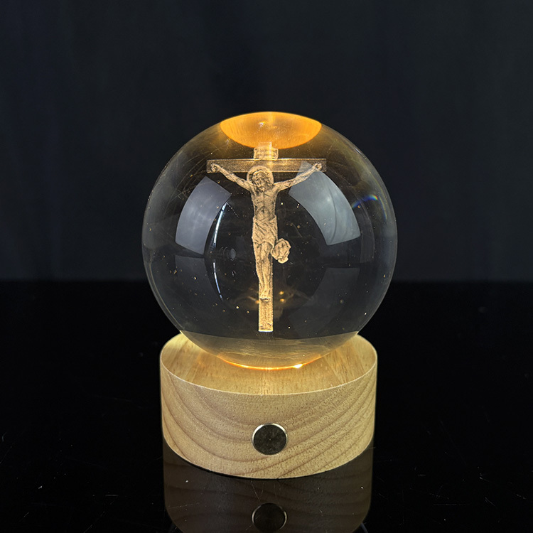 Custom Christian Jesus Cross Crystal Ball 3D Laser Religious Night Light with Touch Switch Wooden Led Light Base MH-Q0272