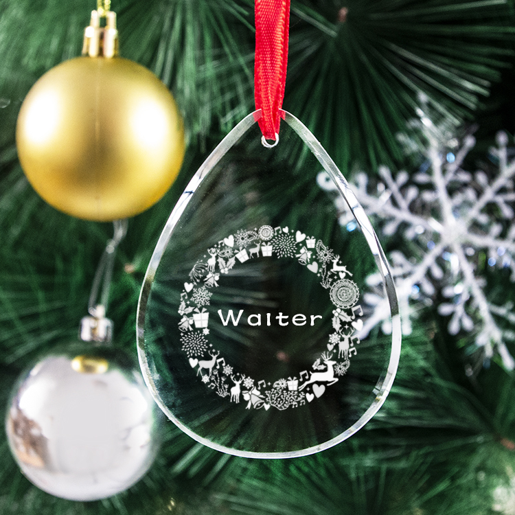 High Quality K9 Clear Crystal Christmas Ornament Water Drop Shape with UV Printing Laser Engraving Wholesale Blank Ornament