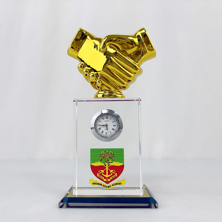 Gold Resin Handshake Rectangle Glass Crystal Desk Clock MH-C0213