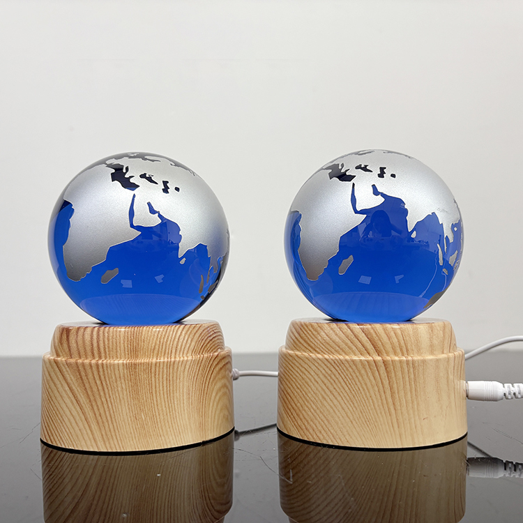 Light up Crystal Blue Globe Ball with Rotating Wooden Led Light Base MH-Q0282