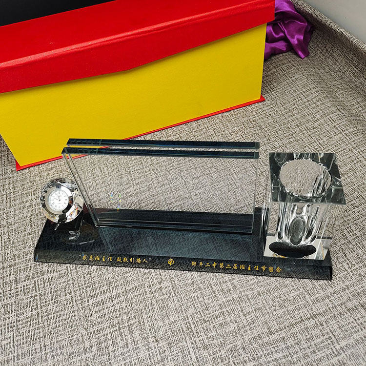 Crystal Pen Holder Set with Diamond Clock with Black Base for Table Decoration MH-B0382