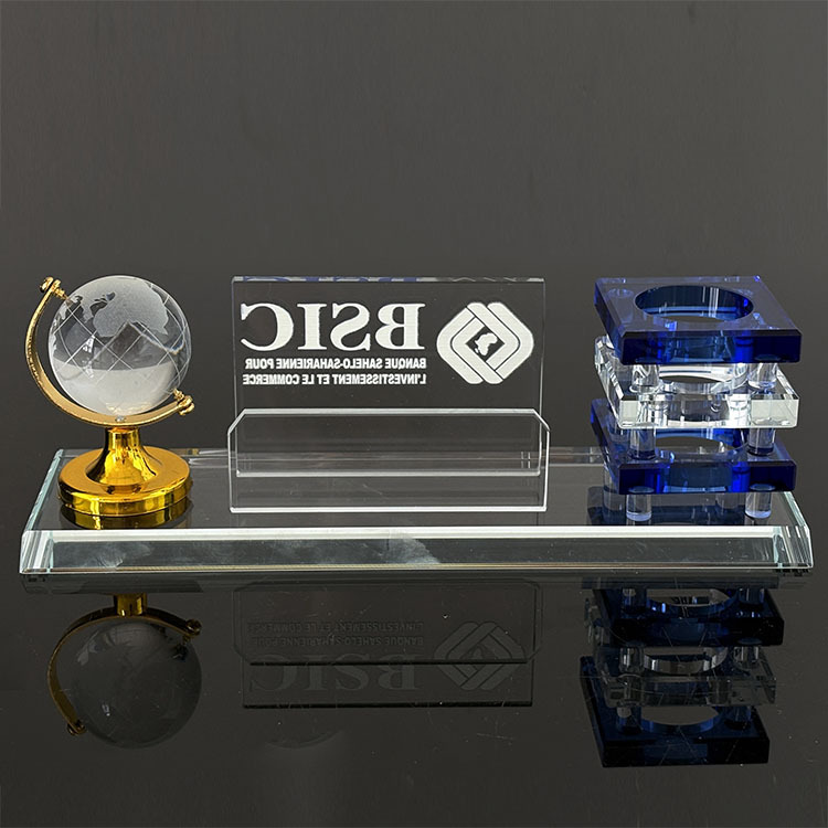 Multi-functional Three in One K9 Crystal Pen Holder with Globe Card Holder Office Business Gifts MH-B0390