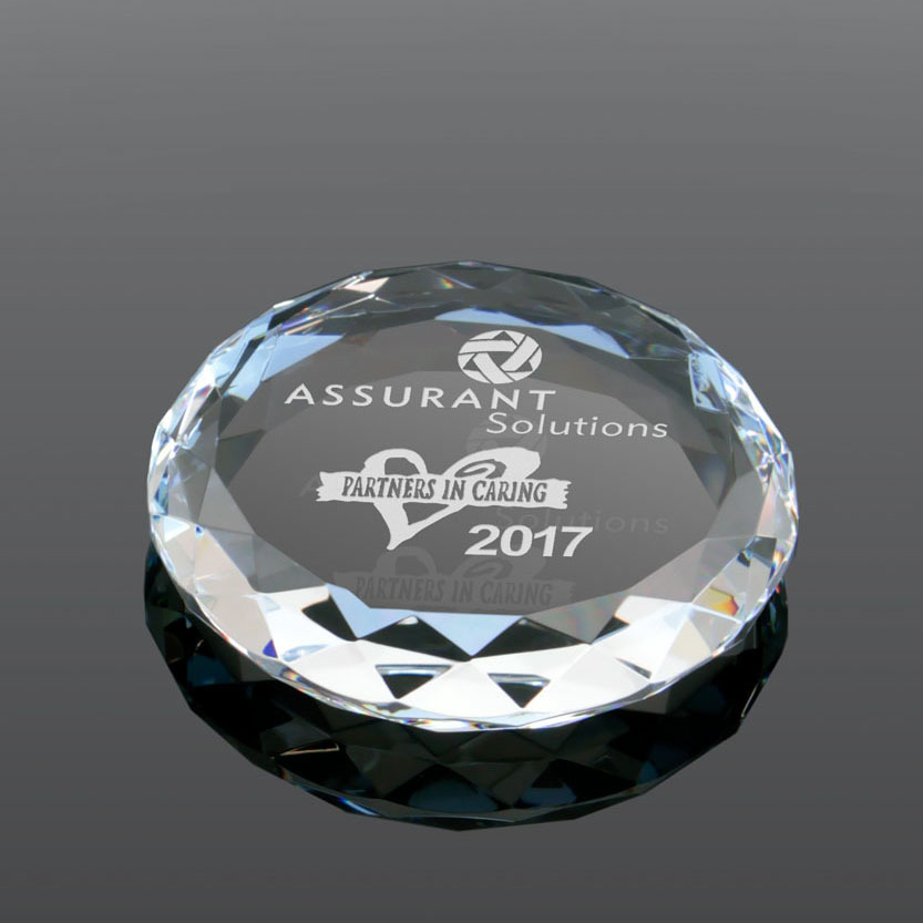 Laser Etched Diamond Cut Circle Glass Paperweight