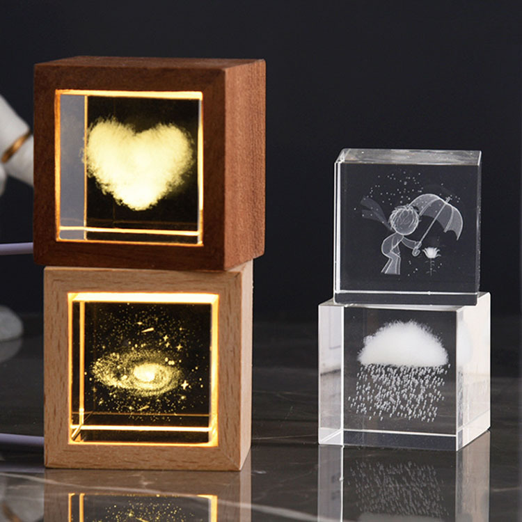 2024 New Night Light Laser Moon Milky Way Crystal Block Cube Paperweight with Wooden Light Base MH-F0600