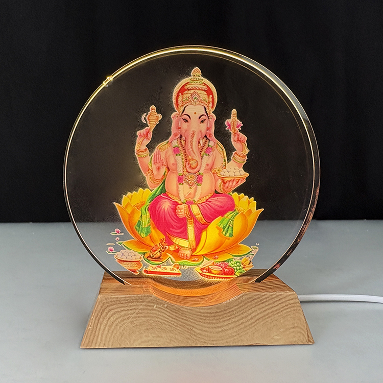 Custom Hindu Ganesh God Crystal Round Shape with Wooden Color Plastic Light Base Custom Mini LED Night Light Base Stand MH-F0689