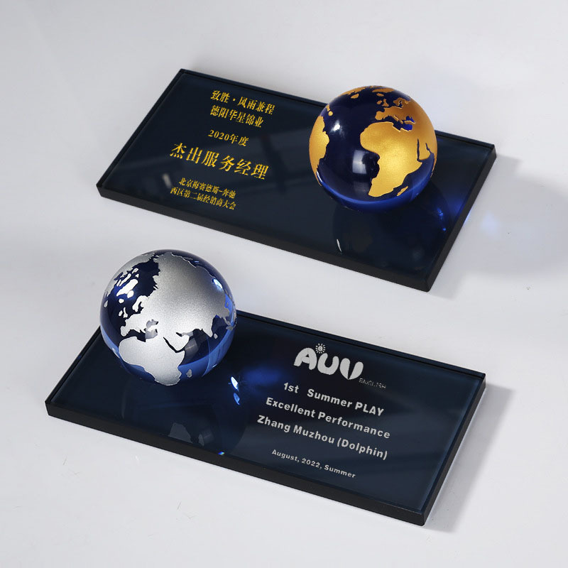 Gold Silver Bronze Continent Blue Glass Crystal Glass Globe Paperweight with Black Base MH-Q0075
