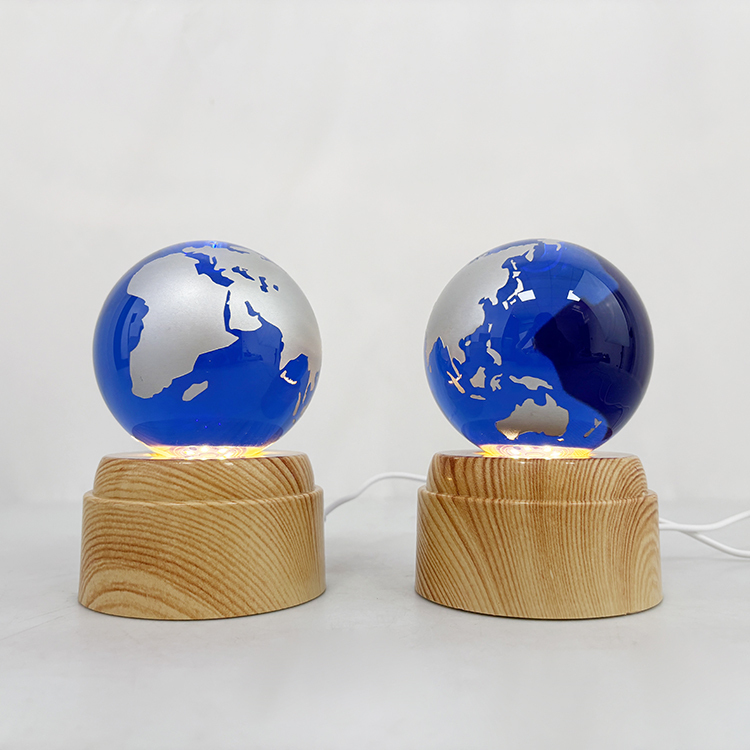Light up Crystal Blue Globe Ball with Rotating Wooden Led Light Base MH-Q0282