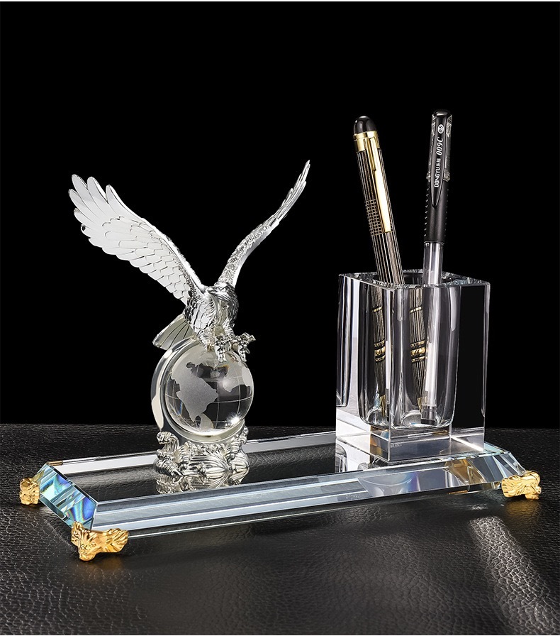 Gold Silver Bronze Metal Eagle with Globe Desktop Gift Crystal Pen Holder Set for Table Decoration MH-B0385