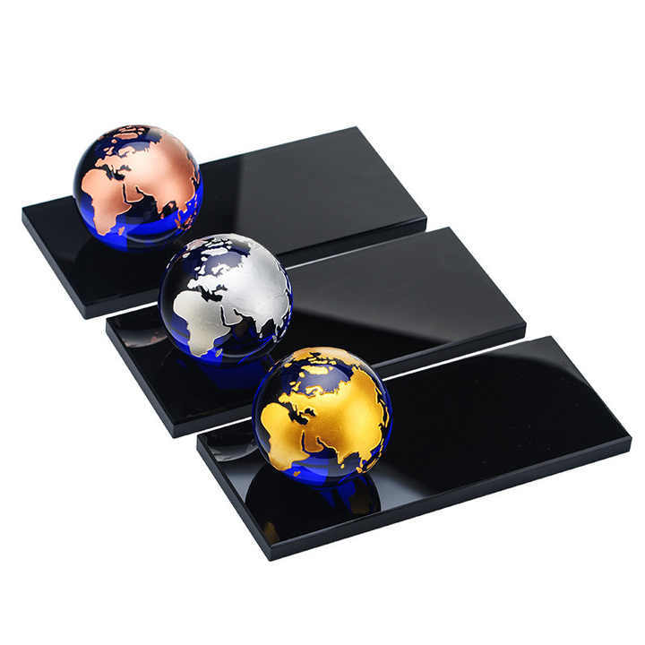 Gold Silver Bronze Continent Blue Glass Crystal Glass Globe Paperweight with Black Base MH-Q0075