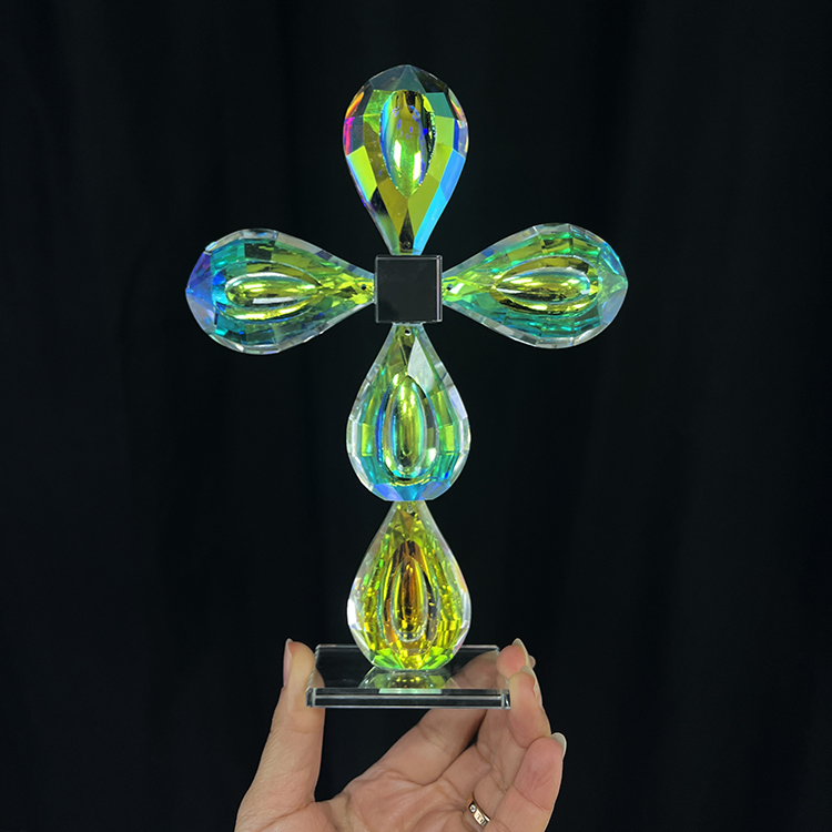 13.5x19cm Rainbow Coating Crystal Glass Standing Cross MH-15555