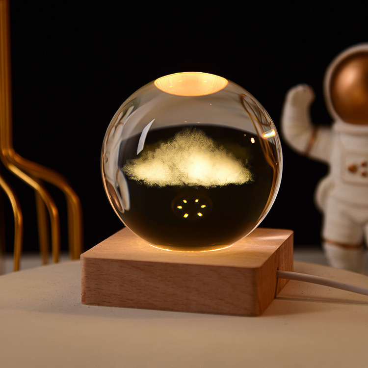 Light up Crystal Laser Rose Milky Way Saturn Ball with square Wooden Led Light Base