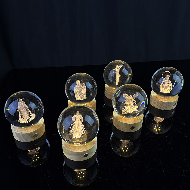 Custom Christian Jesus Cross Crystal Ball 3D Laser Religious Night Light with Touch Switch Wooden Led Light Base MH-Q0272
